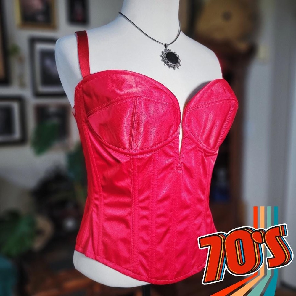 Red Trashy Lingerie Corset Bustier Vintage‎ 70s Womens Boned Sweetheart Strap XS